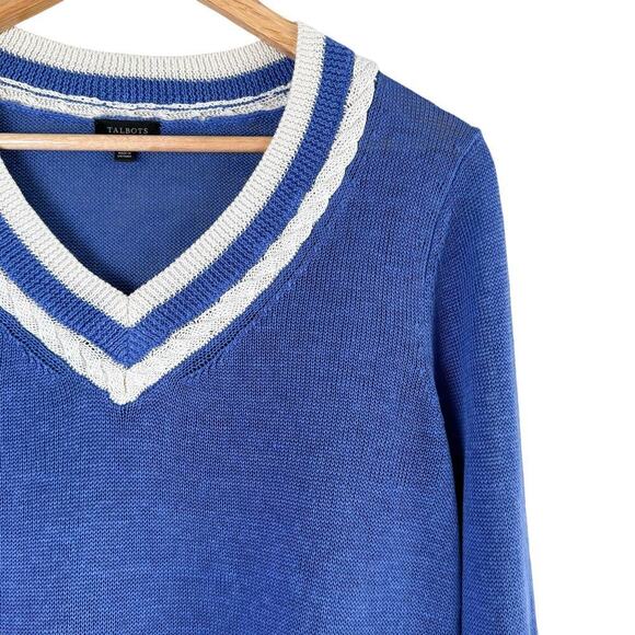 Talbots Linen V-Neck Varsity Style Sweater in Blue‎ and White, Size Medium - Picture 6 of 11
